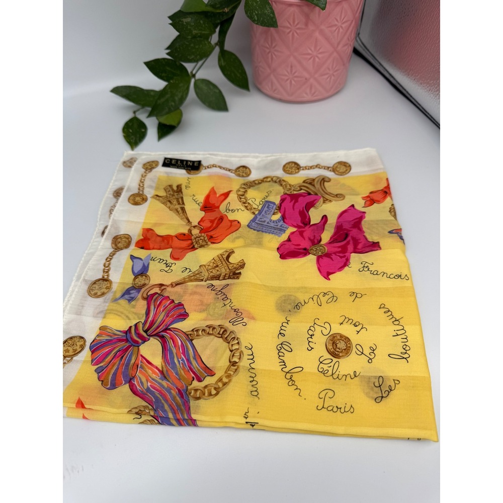 Vintage Celine Paris Silk Scarf Yellow Pink Bows Eiffel Tower Paris print 18"